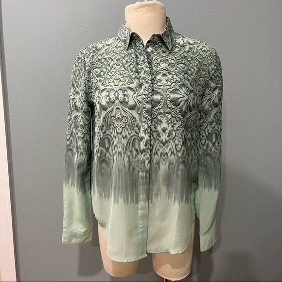 Silence + Noise Sage Green Print Button Down Long Sleeve Blouse - Picture 2 of 10